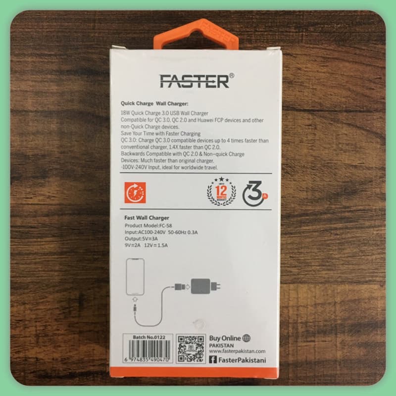 FASTER FC-58 Fast Charging Wall Adaptor 18W QC 3.0