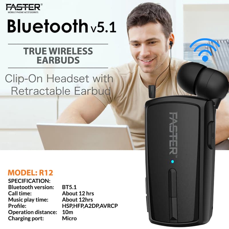 FASTER R-12 Wireless Bluetooth Stereo Headset Clip-on Earbuds Hands-free wi